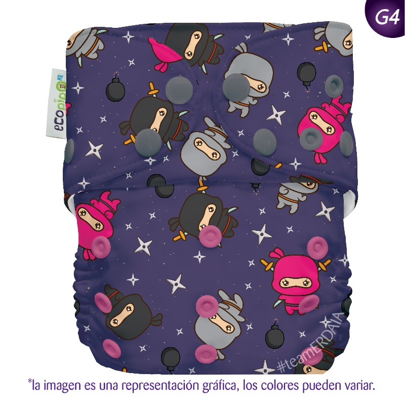 Pañal G4 estampado Ecopipo. Broches. Ninja.