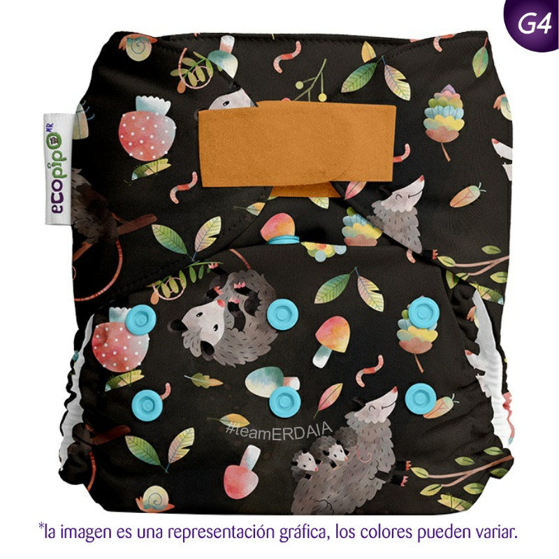 Pañal G4 estampado Ecopipo. Velcro. Zarigüeya.